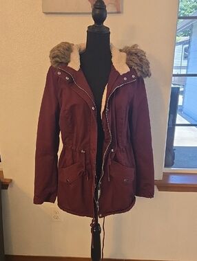 H&M Burgundy Utility Jacket with Faux-Fur Trim